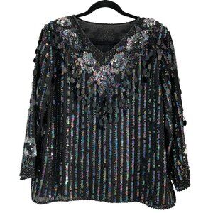 Vtg Black Iridescent Top Beaded Sequins 3/4 Sleeves Formal Sparkly 1980s L 12 14